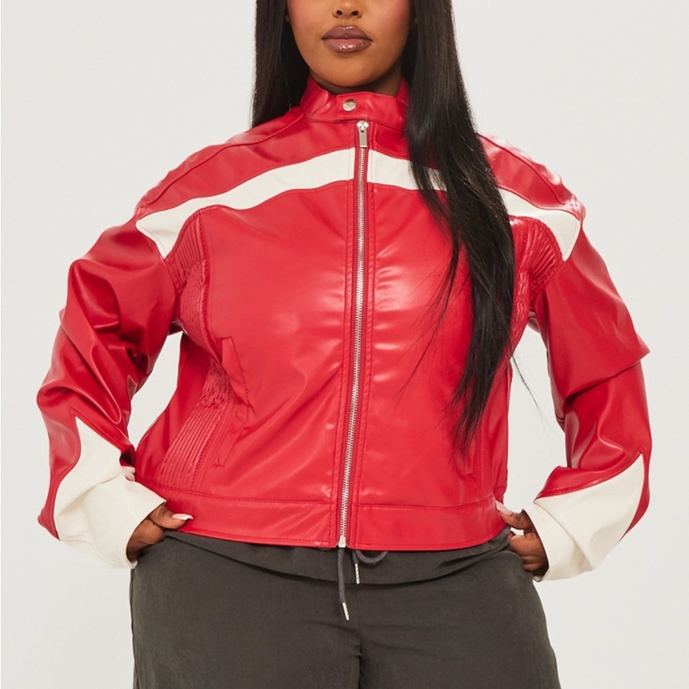 PrettyLittleThing Red and White Leather Jacket